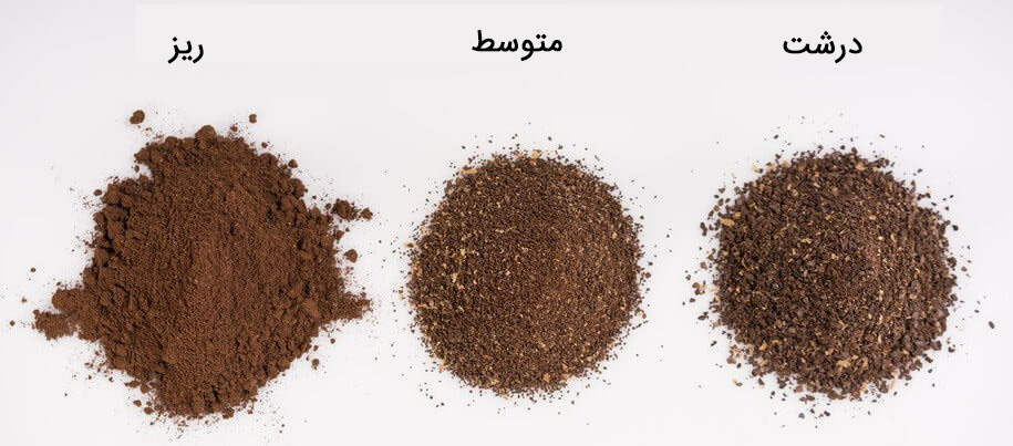 مقایسه تصویری درجه آسیاب‌های مختلف پودر قهوه: اسپرسو، ترک، فرنچ پرس