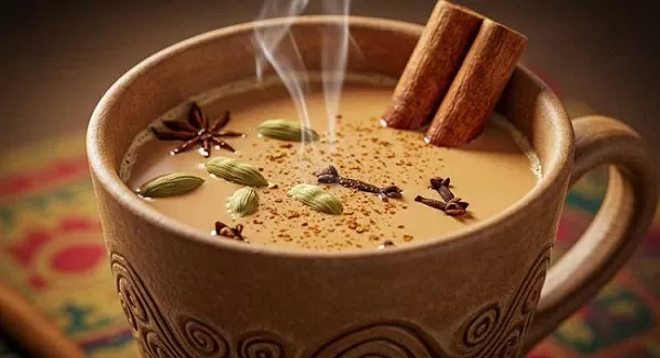 یک فنجان چای ماسالای سنتی داغ و معطر که از آن بخار بلند می شود